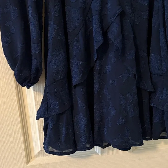 Women’s Navy Blue Long Sleeve Ruffle Dress - Picture 3 of 10